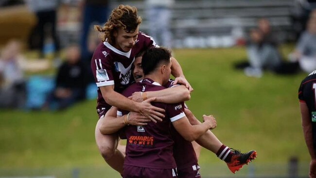 Jesse Prinsse and the Albion Park Oak Flats Eagles celebrating a try. Picture: APOFRLFC Facebook page