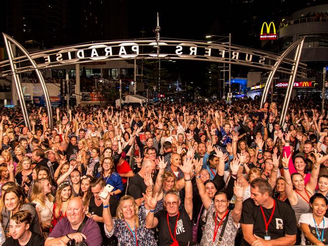 Crowds in front of the Surfers Paradise LIVE Festival's main stage ... on the beachfront looking down Cavill Mall ... on Saturday night. Picture: Surfersparadise.com