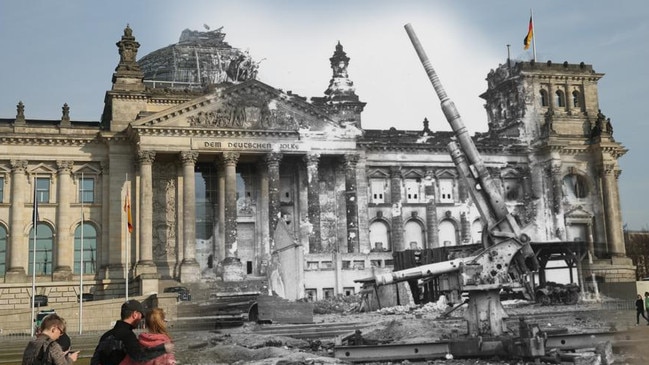 The ruins of the Reichstag after World War II in July, 1945 in Berlin.