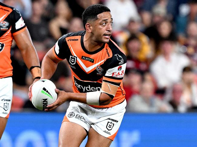 Brandon Wakeham was in the thick of things in a fiery clash between the Tigers and Manly. Picture: Bradley Kanaris/Getty Images