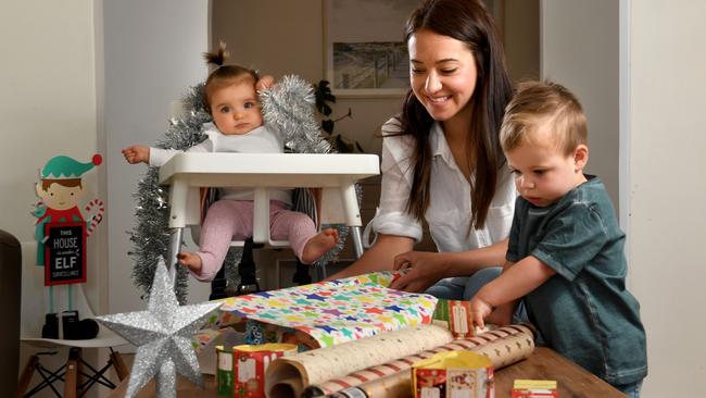 Jazmyne Campbell has a successful Christmas saving plan for children Jack, 2, and Maya, 7 months. Picture: Tricia Watkinson