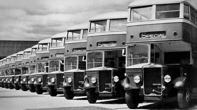 A fleet of Melbourne’s double-decker buses, used from the late 1930s until the early 1950s.