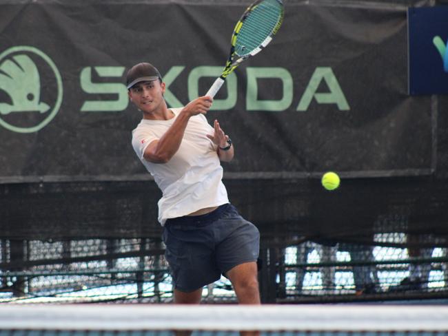 Cairns born Tai Leonard Sach during his final 16 match of the ITF World Tennis Tour Cairns Tennis International championship against fellow Australian Roger Rogowski. Picture: Jake Garland