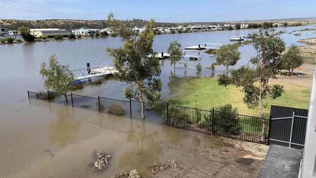 The water level is rising at Mannum Waters Marina on the downstream side of Mannum. Picture: Rodney Waltrovitz/Riverland Flood Watch 2022