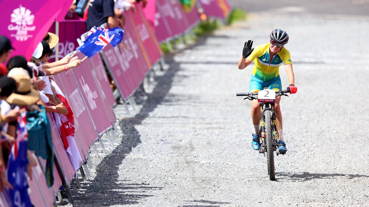 96: Rebecca McConnell of Australia waves to a cheering crowd following the Women's Cross-Country on day eight of the Gold Coast 2018 Commonwealth Games at the Nerang Mountain Bike Trails. Picture: Getty Images.