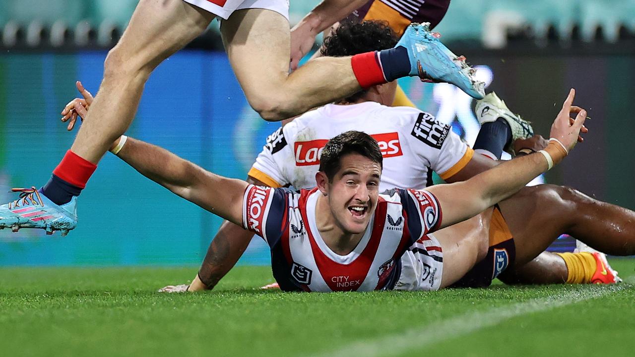 Nat Butcher celebrates after scoring a try against Brisbane. Picture: Cameron Spencer/Getty Images)