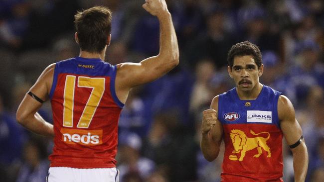 Charlie Cameron celebrates a goal during Brisbane Lions victory over North Melbourne. Picture: Daniel Pockett. 