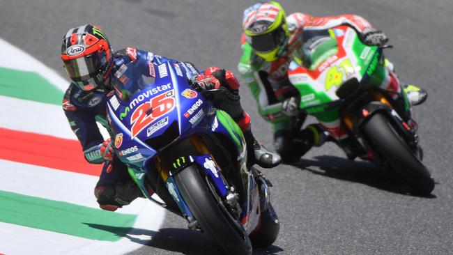 Spain's Maverick Vinales, left, takes a curve with his Yamaha during a free practice session of the Italian Grand Prix at the Mugello circuit in Scarperia, Italy, Friday, June 2, 2017. (Luca Zennaro/ANSA via AP)