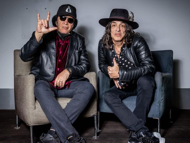 Gene Simmons (left) and Paul Stanley upon arrival in Australia. Picture: Jake Nowakowski