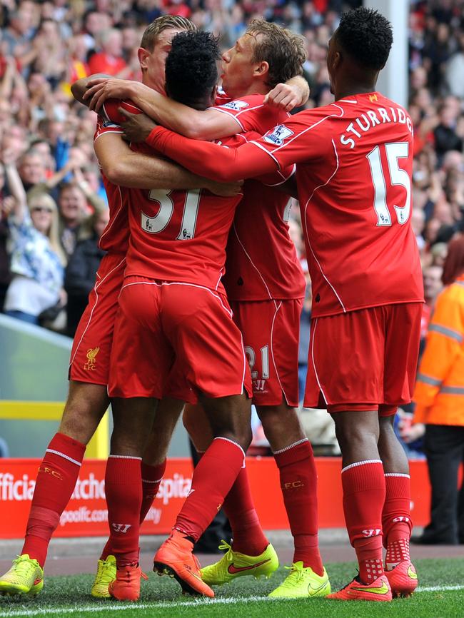 Liverpool players celebrate.