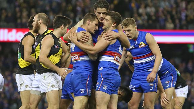 Western Bulldogs players celebrate the win over Richmond.