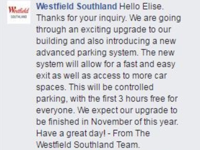 Westfield Southland's post on their Facebook Page about paid parking.