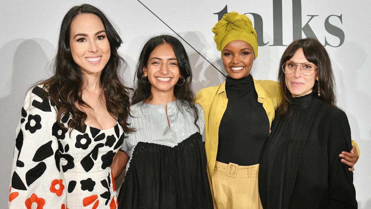 Meena Harris with IMG model &amp; UNICEF Ambassador Halima Aden, photographer and filmmaker Yumna Al-Arashi and executive director of Endeavor Foundation Tascha Rudder before a talk about activism in fashion in 2018. Picture: Bryan Bedder/Getty Images for IMG