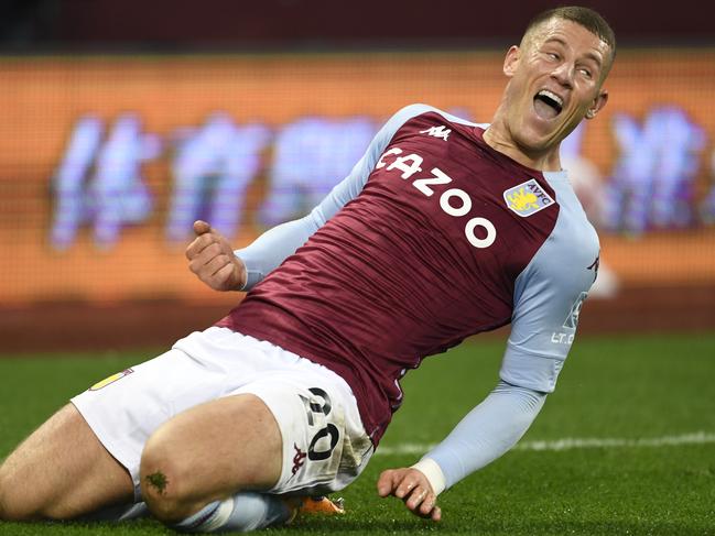 BIRMINGHAM, ENGLAND - OCTOBER 04: Ross Barkley of Aston Villa  celebrates after he scores his team's fifth goal  during the Premier League match between Aston Villa and Liverpool at Villa Park on October 04, 2020 in Birmingham, England. Sporting stadiums around the UK remain under strict restrictions due to the Coronavirus Pandemic as Government social distancing laws prohibit fans inside venues resulting in games being played behind closed doors. (Photo by Peter Powell - Pool/Getty Images)