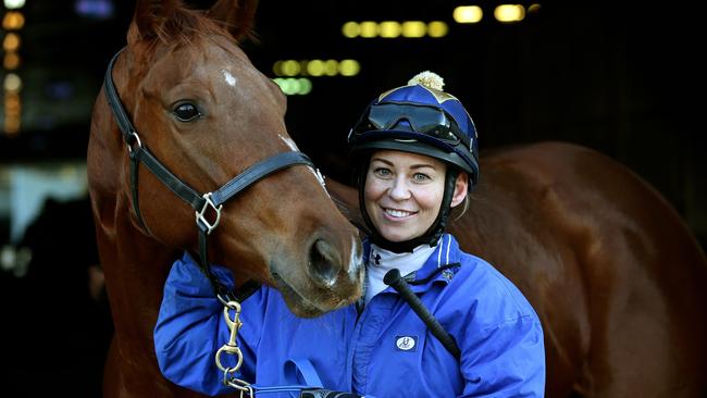 Jockey Kathy O'Hara all smiles as returns to trackwork at Warwick Farm Racecourse after her fall in which she broke her collarbone. Picture: Gregg Porteous