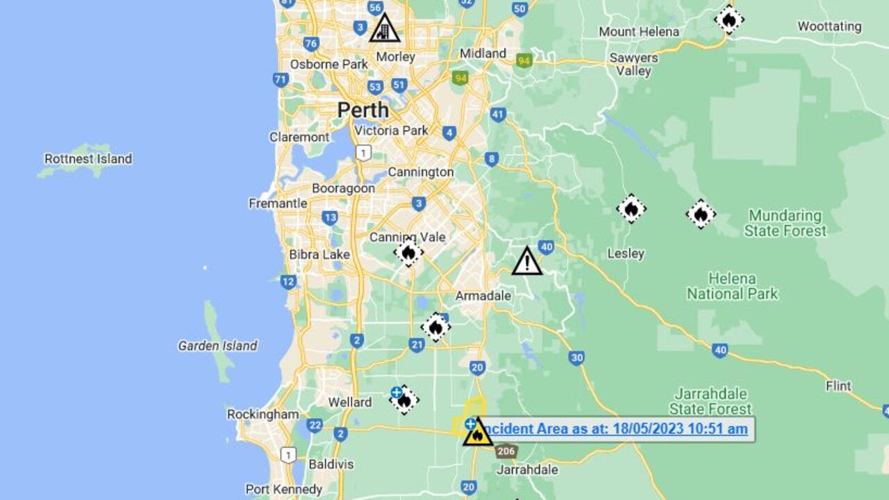 A bushfire is burning south-east of Perth. Picture: Google Maps