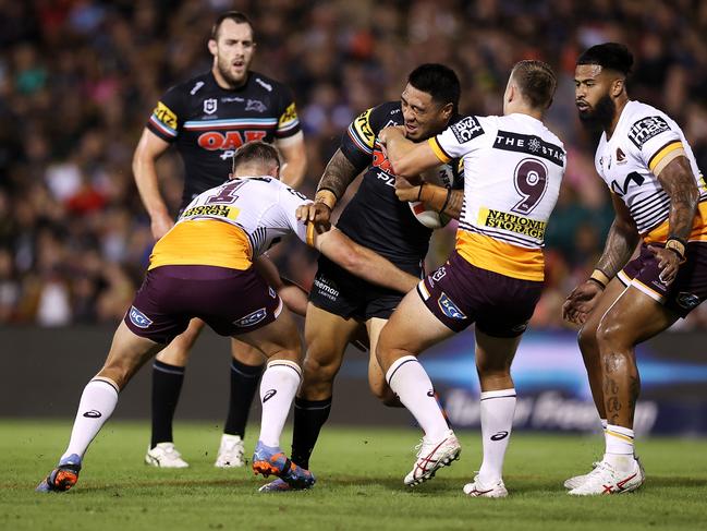 Brisbane’s defence swarmed the Panthers all night. Picture: Getty Images