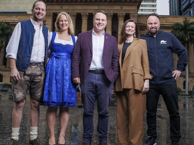 Lord Mayor Adrian Schrinner (centre) with Brisbane business and daylight saving advocates Boris and Kim Zoulek (Oktoberfest), Kate Gould (Brisbane Powerhouse) and Steven Bradbury (Last Man Standing Brewery) in King George Square. Picture: Lachie Millard