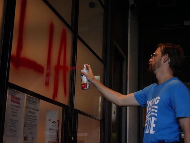 Images posted on activist group Rising Tides’ social media showing Environment Minister Tanya Plibersek’s office being vandalised. Picture: Supplied