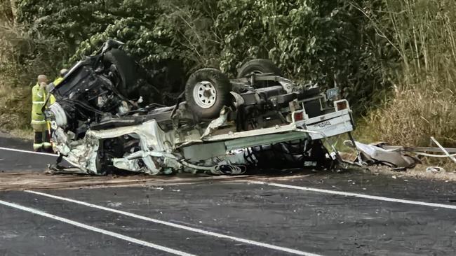 Aftermath of a crash on the Bruce Highway at Bloomsbury involving two trucks and a car on August 1, 2024. Two people, a man in his 70s and a man in his 20s suffered life threatening injuries and had to extricated. Two other people walked away from the crash stable. Photos taken at 6pm. Picture: Janessa Ekert