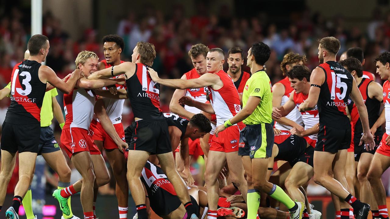 The tussle kicked off after the incident. (Photo by Mark Metcalfe/AFL Photos/via Getty Images )