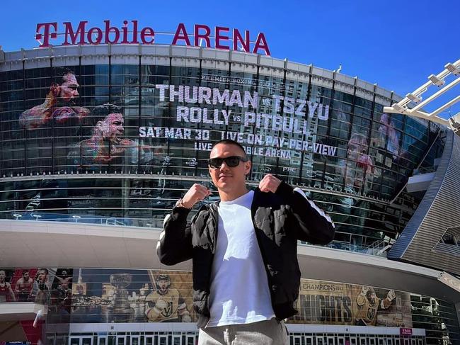 Tszyu poses in front of T-Mobile Arena in las Vegas ahead of his bout with Thurman. Picture: No Limit Boxing