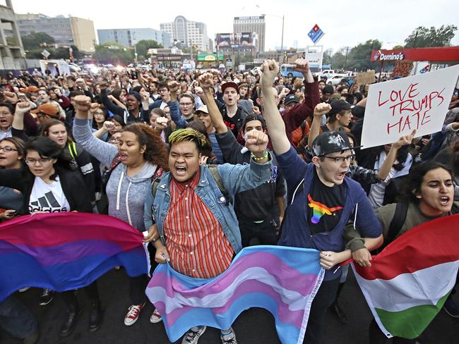 Students at the University of Texas at Austin lead a protest down to Congress Bridge on November 9, 2016, in Austin, Texas. Picture: AP