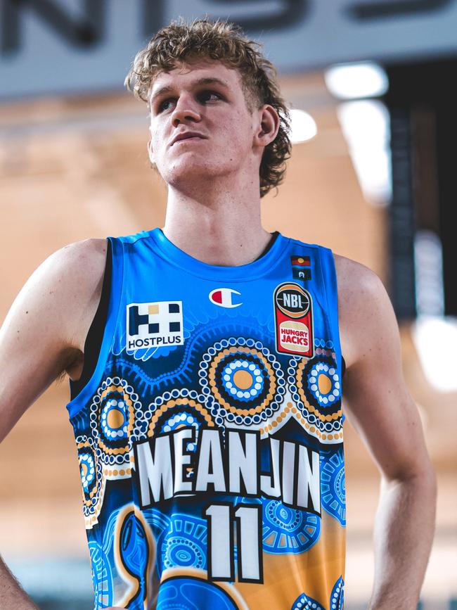 Brisbane Bullets teen Next Star Rocco Zikarsky in the club's Indigenous Round jersey. Picture: Supplied