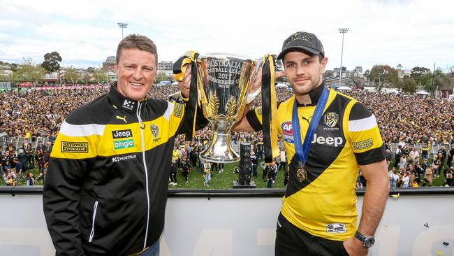 Richmond’s coach Damien Hardwick and captain Trent Cotchin have both credited stronger connections as contributing to the 2017 premiership. Picture: Tim Carrafa