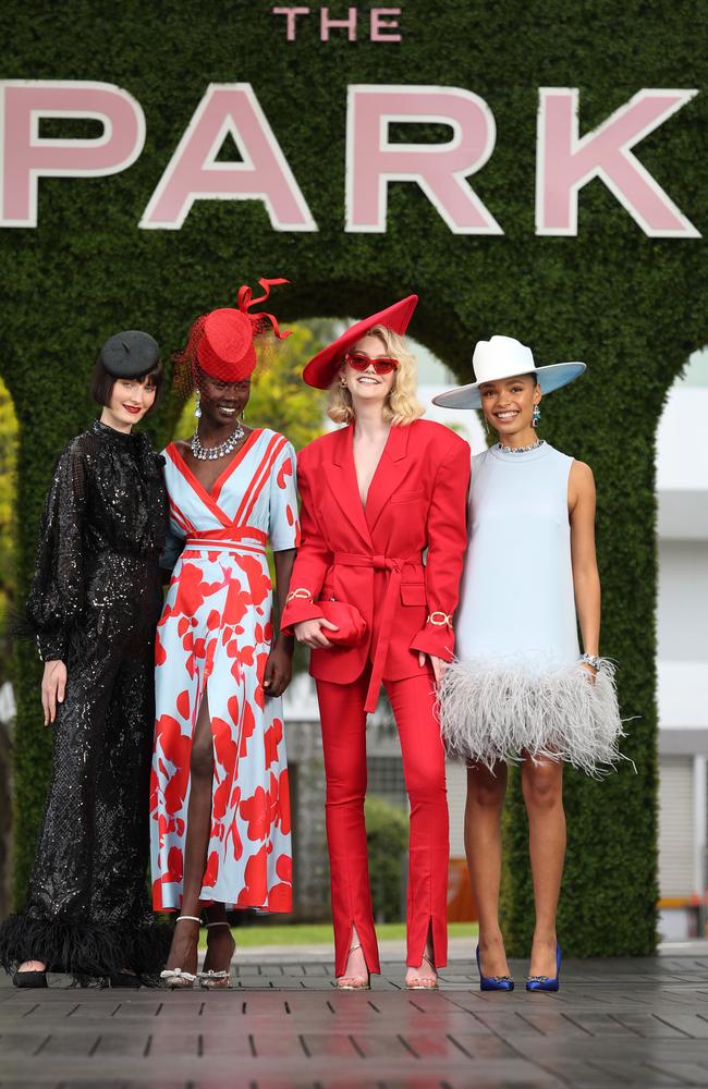 Models Sophie, Amer, Penny and Holly at the VRC Fashions on the Field launch at The Park Flemington Racecourse. Picture: David Caird