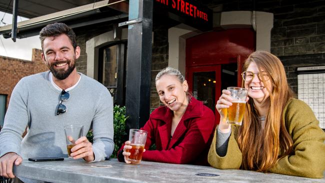 Tom Booker, 25, Erin Gold, 31, Tamara Haines, 37, at the Gilbert Hotel in Adelaide, Saturday, May 23, 2020. Picture: Morgan Sette