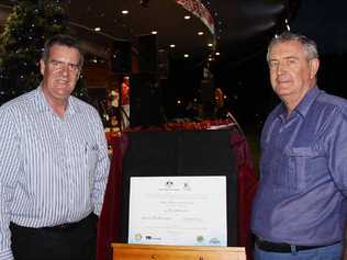 Federal Senator Mark Furner and Mayor Ron Dyne open the soundshell roof at Nelson Reserve. Picture: Contributed