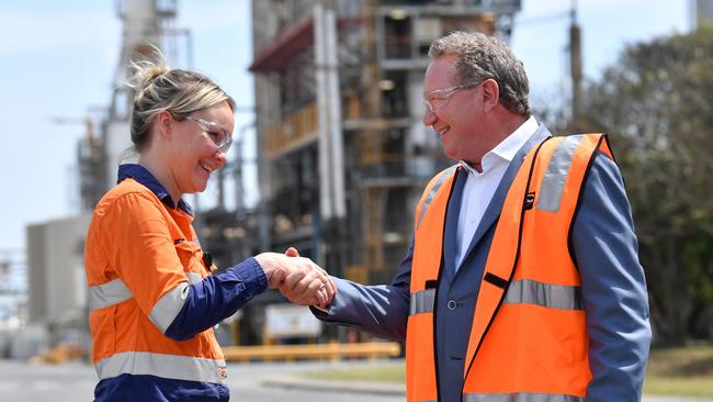 Incitec Pivot worker Christie Rossi (left)with Andrew 'Twiggy' Forrest from Fortescue Future Industries during a hydrogen announcement at Incitec Pivot on Gibson Island in Brisbane this month.