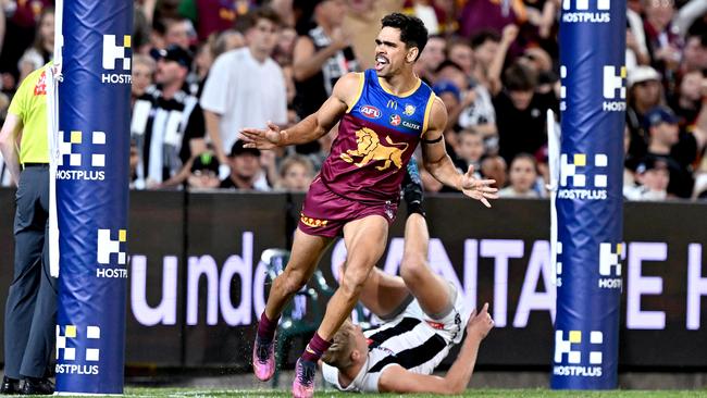 BRISBANE, AUSTRALIA - APRIL 06: Charlie Cameron of the Lions celebrates after kicking a goal during the round four AFL match between Brisbane Lions and Collingwood Magpies at The Gabba, on April 06, 2023, in Brisbane, Australia. (Photo by Bradley Kanaris/Getty Images)