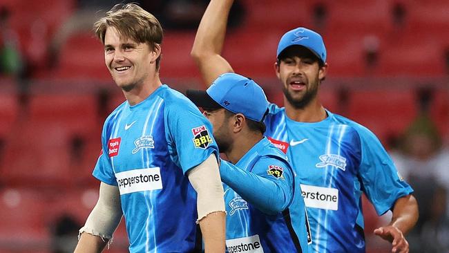 Henry Thornton cannot believe it as he tears through the Sydney Thunder line-up. Picture: Cameron Spencer/Getty Images