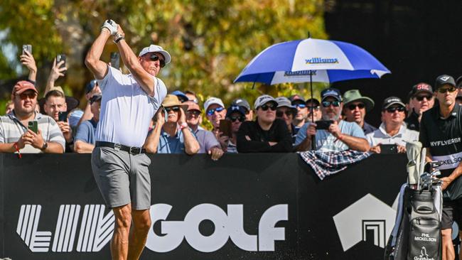 Phil Mickelson of USA plays a shot on the first day of the 2023 LIV Golf tournament in Adelaide. Picture: Brenton Edwards