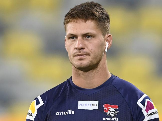 TOWNSVILLE, AUSTRALIA - MAY 07:  Kalyn Ponga of the Knights looks on before the start of the round nine NRL match between the North Queensland Cowboys and the Newcastle Knights at Qld Country Bank Stadium, on May 07, 2022, in Townsville, Australia. (Photo by Ian Hitchcock/Getty Images)