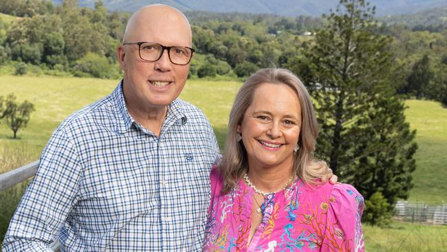 Opposition Leader Peter Dutton with his wife Kirilly at their Queensland property. Picture: Paul Harris