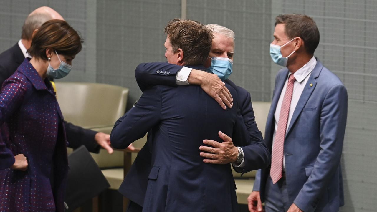 Michael McCormack embraces Christian Porter MP, after his Valedictory Speech at Parliament House in Canberra, Australia. (Photo by Martin Ollman/Getty Images)