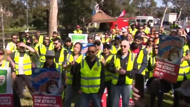 Milk workers taking industrial action on Tuesday. Picture: 9 News