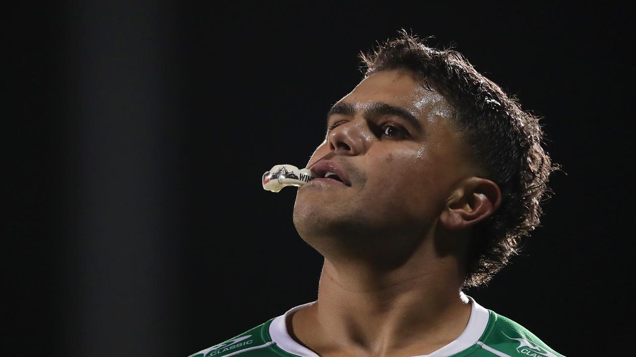 PENRITH, AUSTRALIA - APRIL 01: Latrell Mitchell of the Rabbitohs watches on during the round four NRL match between the Penrith Panthers and the South Sydney Rabbitohs at BlueBet Stadium, on April 01, 2022, in Penrith, Australia. (Photo by Matt King/Getty Images)