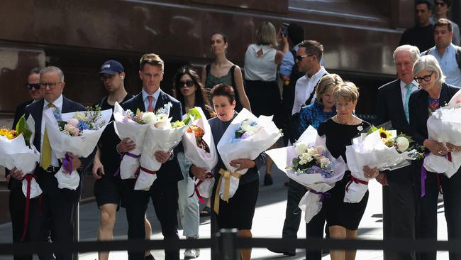 Prime Minister Anthony Albanese, Premier Chris Minns, Councillor Clover Moore AO, Lord Mayor of Sydney, Parents of Katrina Dawson Jane and Sandy Dawson and Governor General Sam Mostyn arrive to lay flowers. Picture: NewsWire / Gaye Gerard