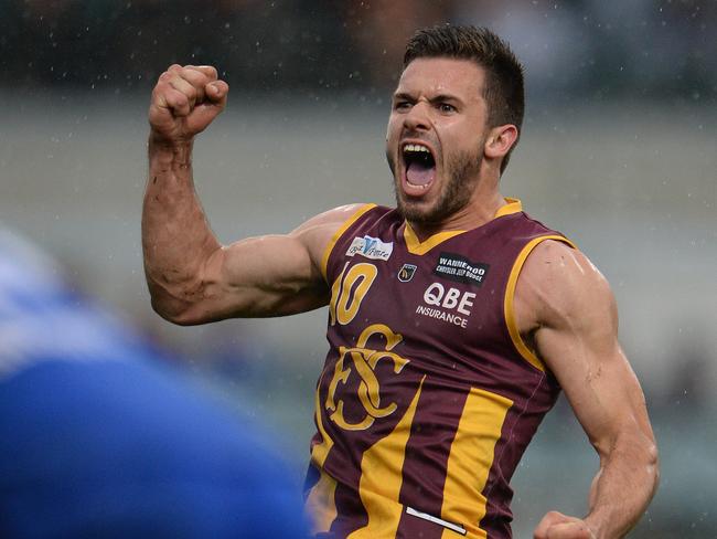 Chris Deluca celebrates goal in the 2014 WAFL decider. Picture: Daniel Wilkins