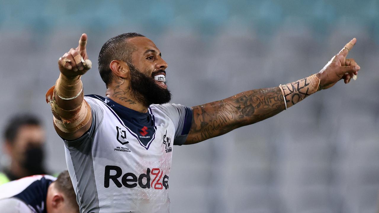 Josh Addo-Carr created history as the first Storm player to score six tries in a match. Picture: Cameron Spencer/Getty Images