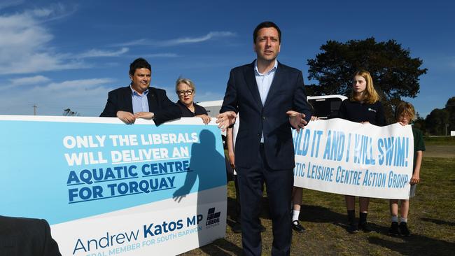 Victorian Opposition Leader Matthew Guy and Andrew Katos MP were also in Torquay today. Picture: AAP/James Ross