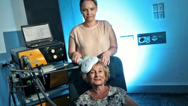 Josephine Duff receives treatment from Kate Hoy at the Monash Alfred Psychiatry Research Centre. Picture: Hamish Blair