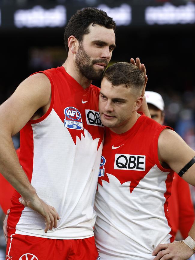 Sydney's Paddy McCartin and Tom Papley comfort each other.