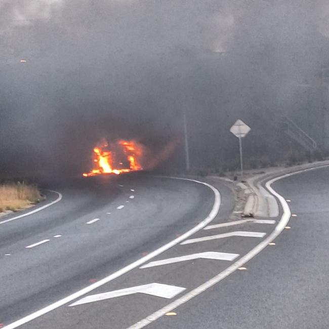 The truck was fully engulfed with flames. Picture: Glenn P