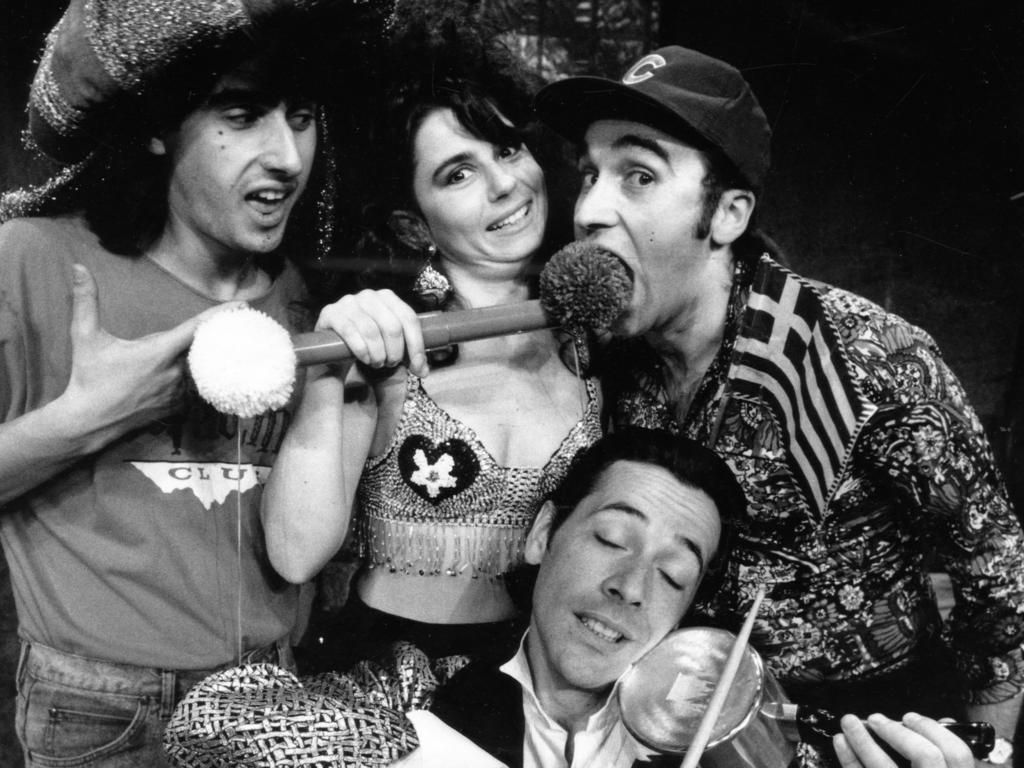 Nick Giannopoulos, Mary Coustas, Nick Carrafa and George Kapiniaris in character, 1991. Picture: Oliver Townsend.