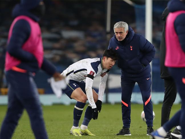 Tottenham’s Son Heung-Min and Jose Mourinho react to the loss.